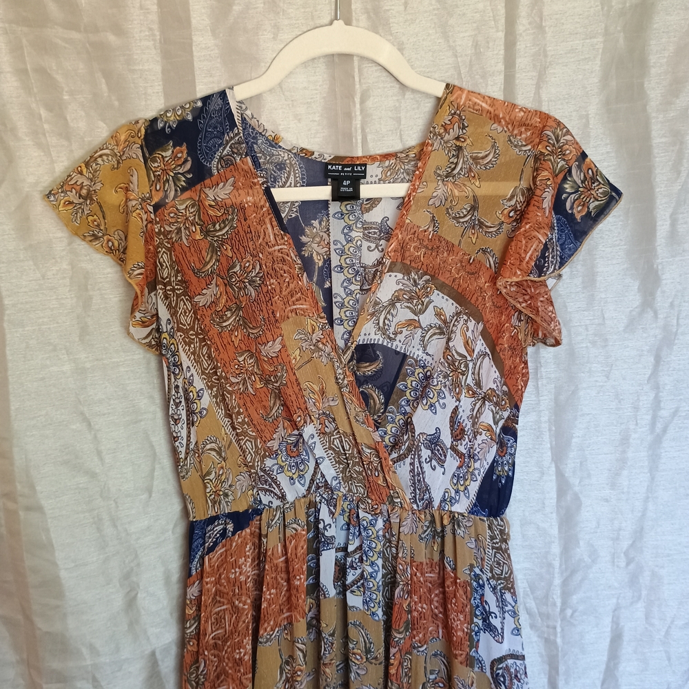 Kate and Lally Rust & Navy Paisley Wrap-Style Midi Dress